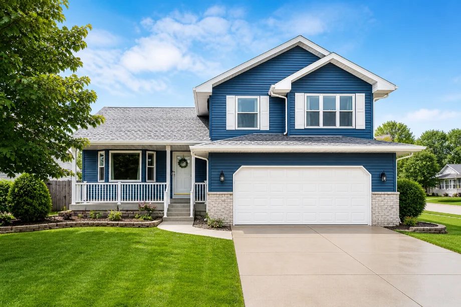 Freshly washed blue two-story home with a clean concrete driveway in Lake Country, Wisconsin