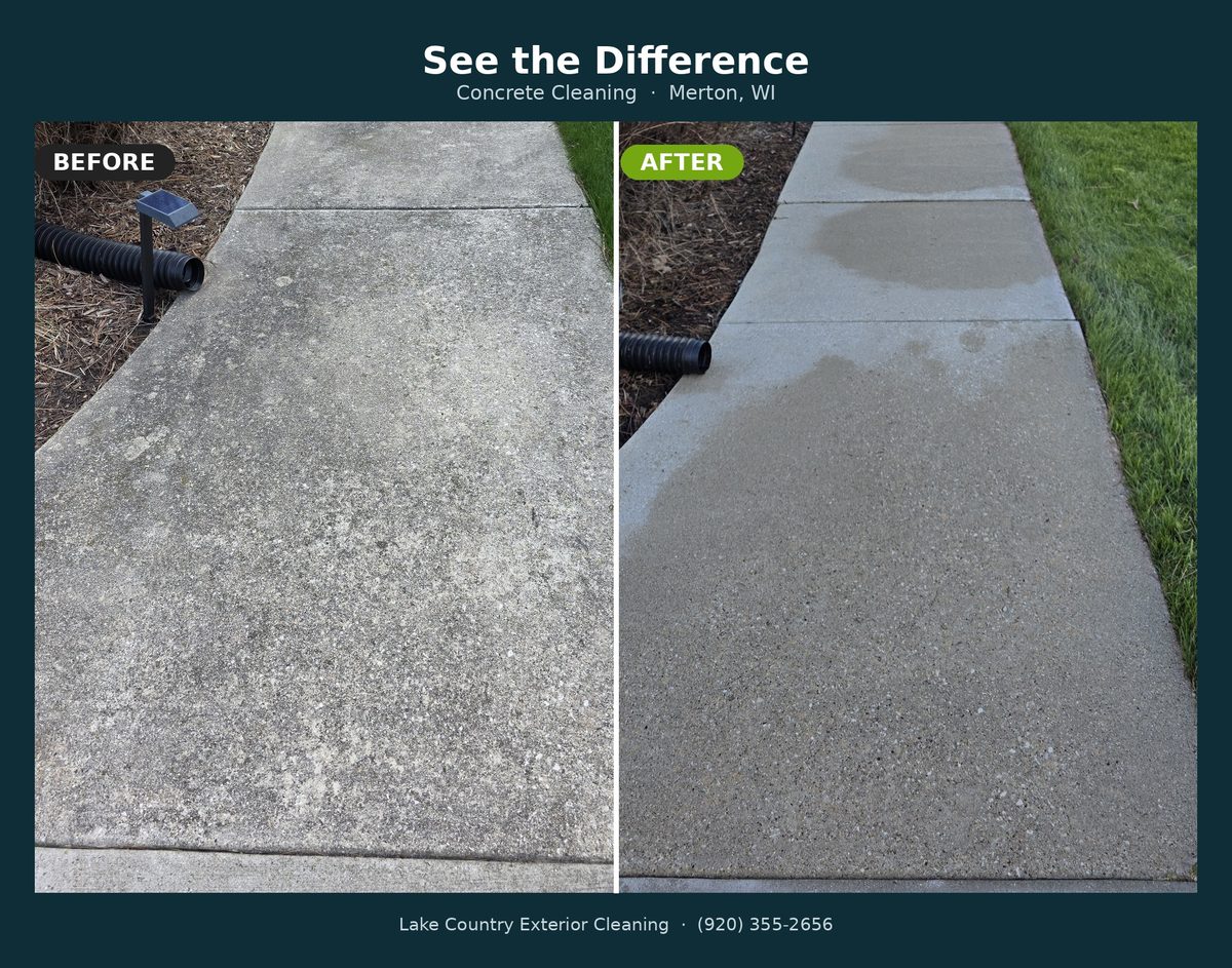 Concrete walkway cleaning before and after in Merton, WI