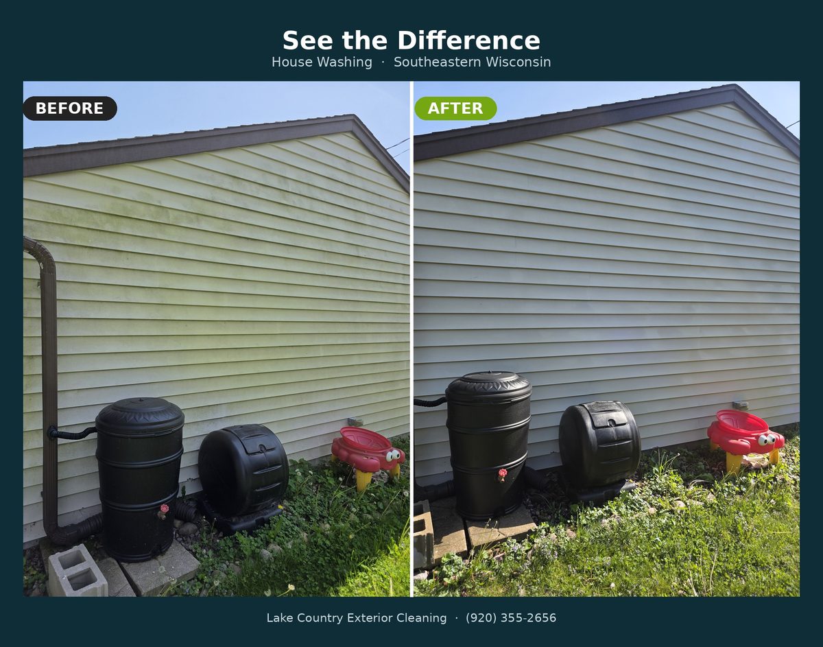 House washing before and after on vinyl siding in Southeastern Wisconsin
