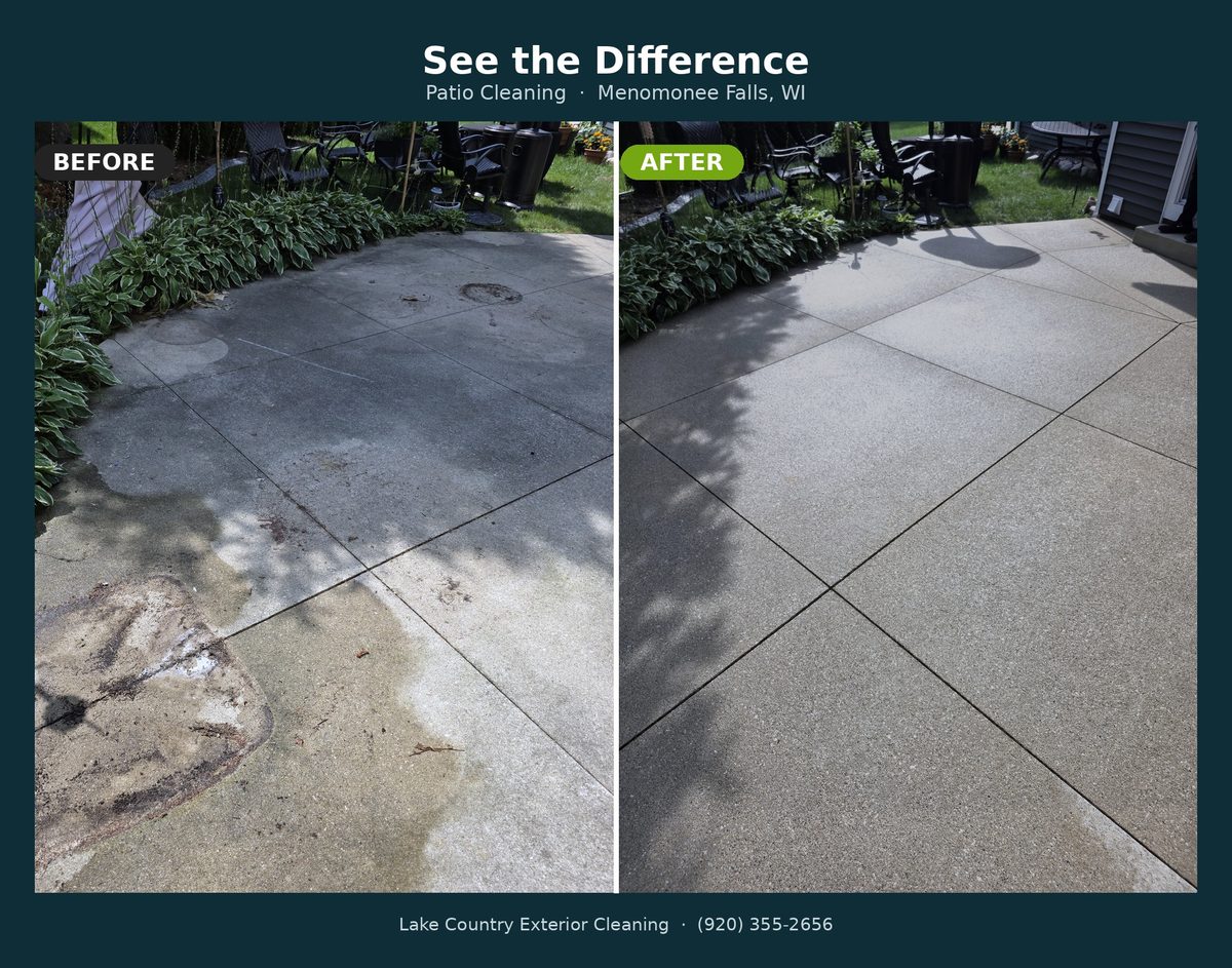 Concrete patio cleaning before and after in Menomonee Falls, WI