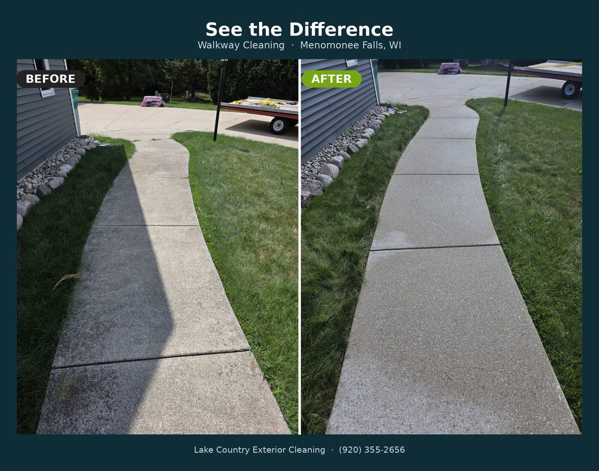 Front walkway cleaning before and after in Menomonee Falls, WI